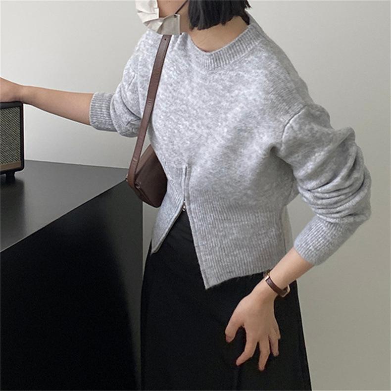 Autumn and Winter Short Zip Pullover Sweater Women's Waisted Round Neck Pullover