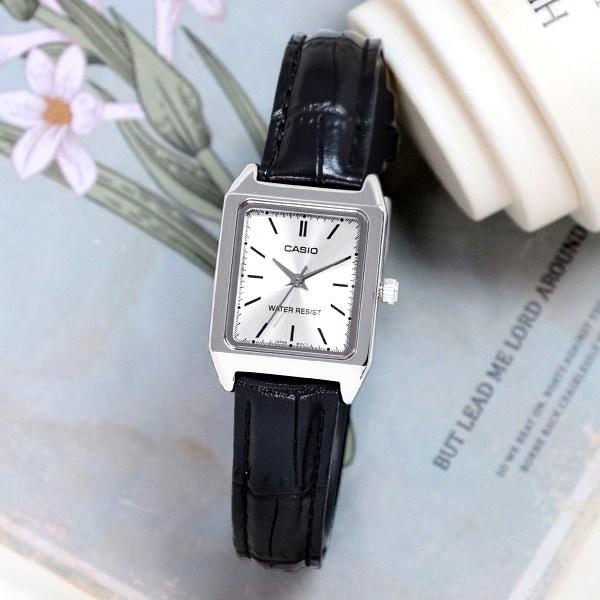 Casio Relógio feminino clássico retangular quadrado de couro com vidro mineral + pacote de troca de bateria