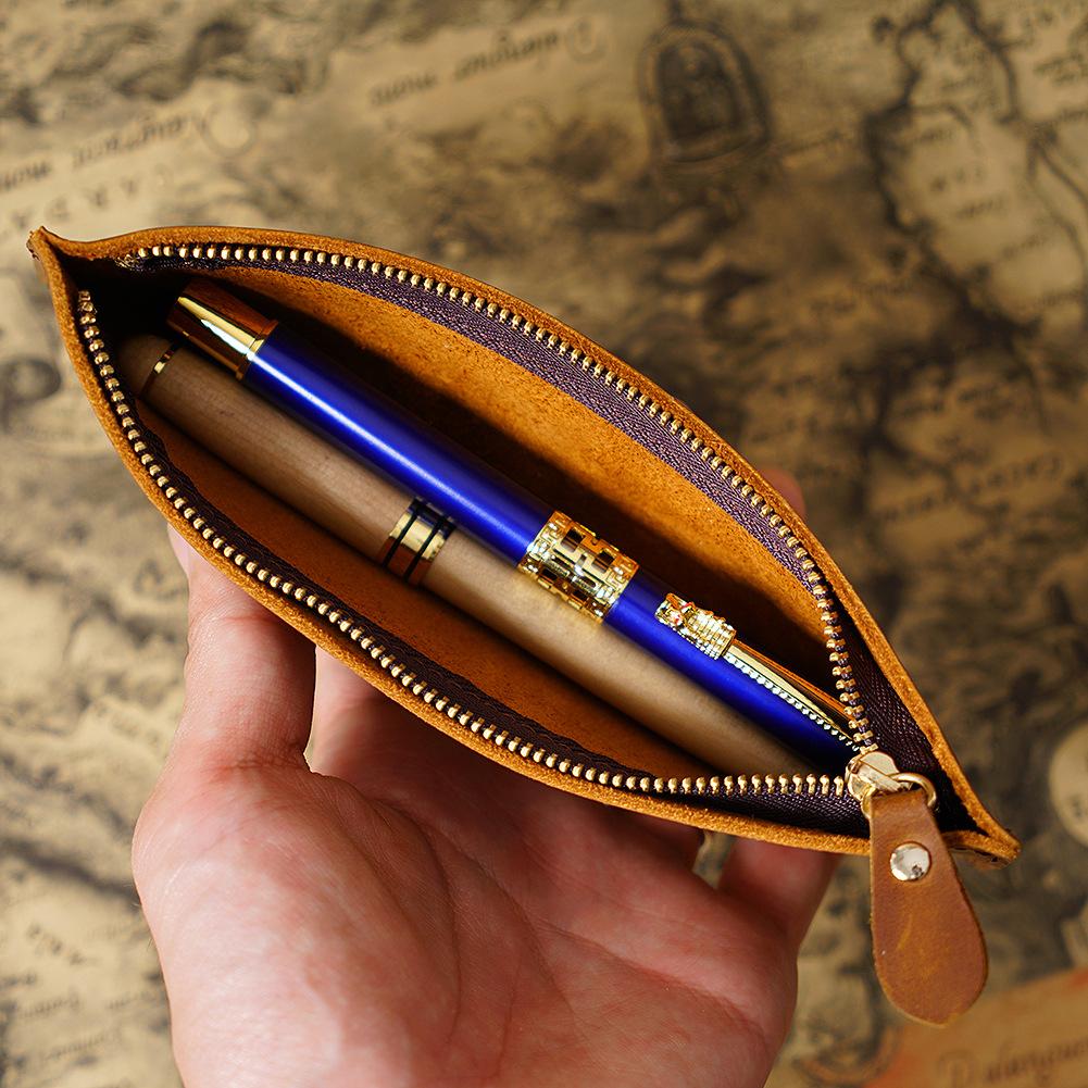 2026 Leather Pencil Bag Academy First Layer Crazy Horse Leather Handmade Change Bag Student Pencil Bag Stationery Storage Bag