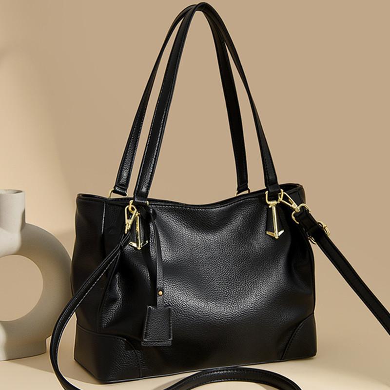Women's soft leather shoulder bag with multiple pockets large capacity monochromatic casual crossbody shoulder bag