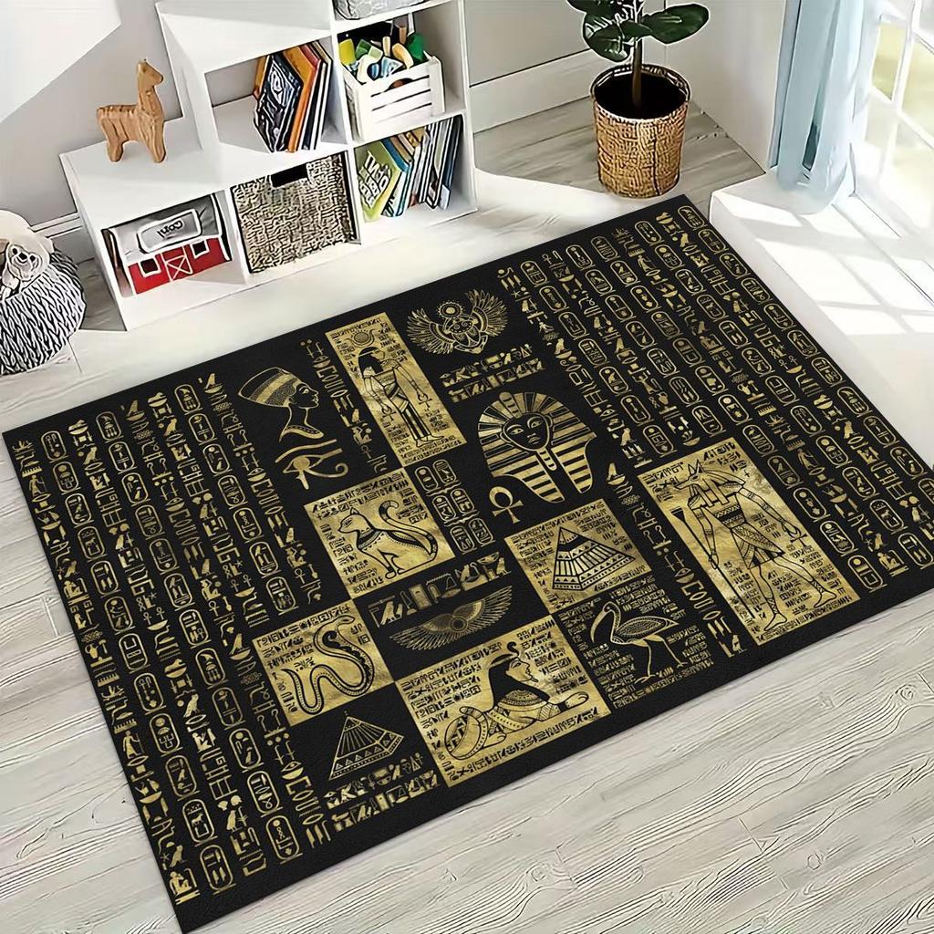 Ancient Egyptian Hieroglyphic Symbols Carved Murals Rug for Bedroom Living Room Sofa Home Doormat Decor,Kids Non-slip Floor Mat