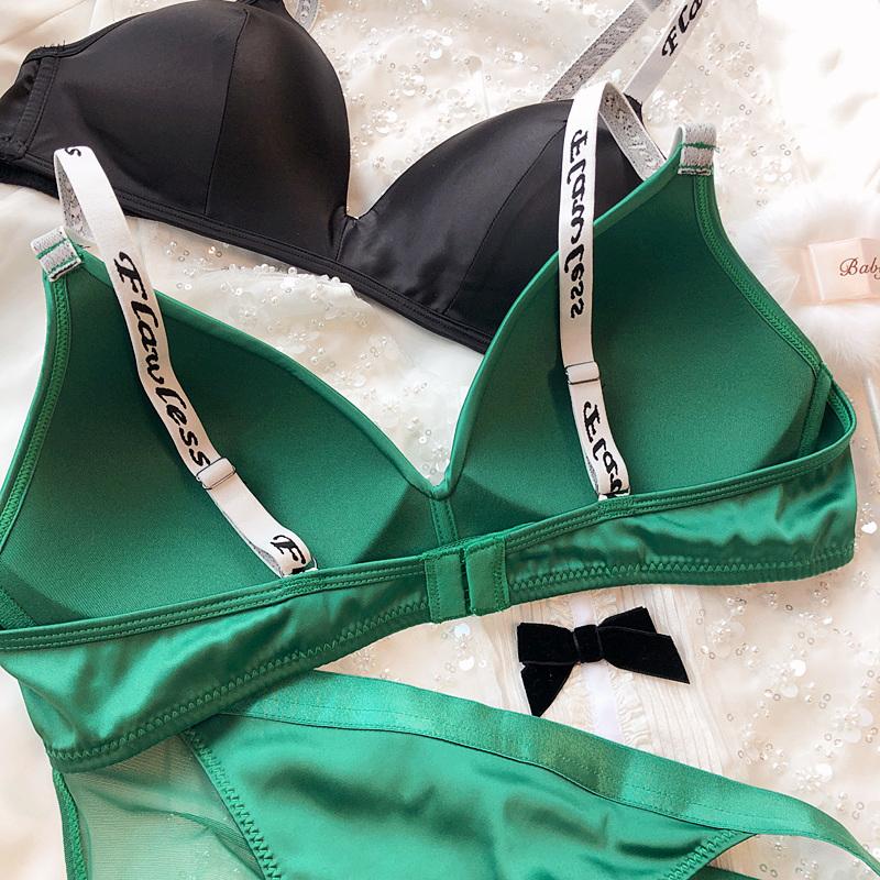 Ice Silk Comfort Underwear Set Women Sexy Deep V Push Up Bra Set Shoulder Strap Letters Adjustable Brassiere and Lace Panties