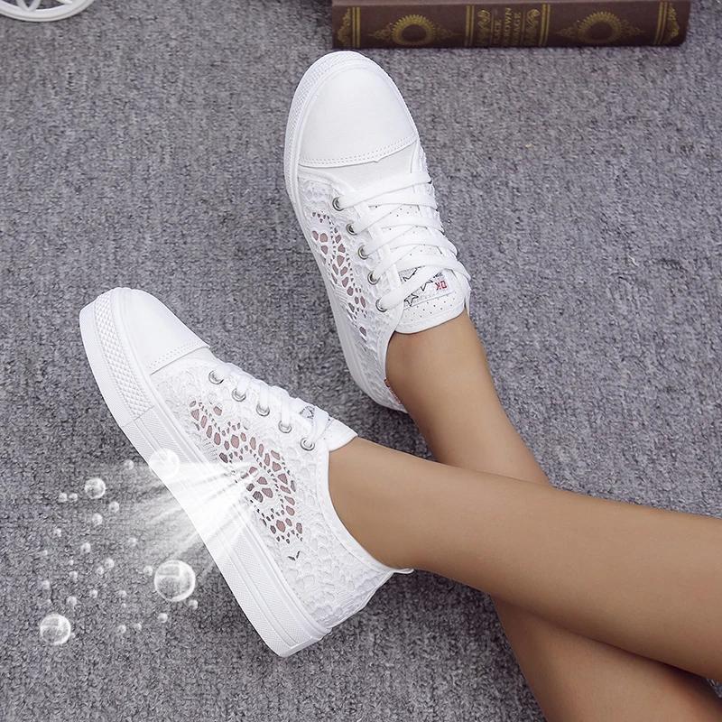 Fashion Women Shoes 2025 Fashion Summer Casual White Shoes Cutouts Lace Canvas Hollow Breathable Platform Flat Shoes Woman Sneakers