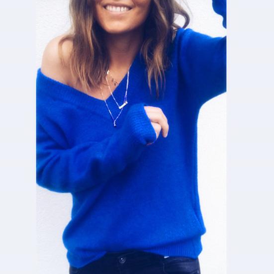 Winter Chic Lady Solid Color V Neck Long Sleeve Casual Pullover Knitted Blouse