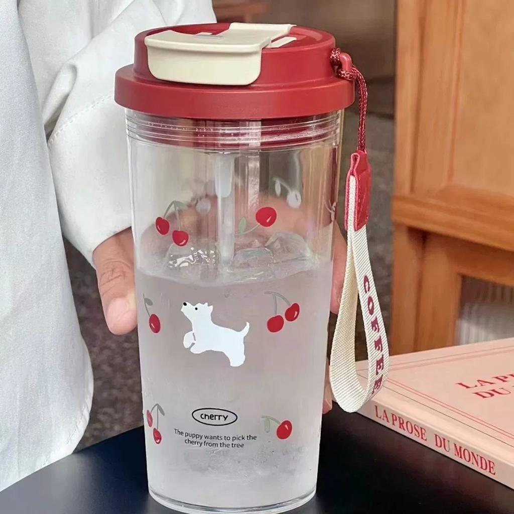 Water bottle summer water cup female ins straw cup student high value tea separation tea cup cherry puppy office worker