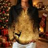 Women's Christmas Print Long Sleeve Button Down Casual Top with Collar and Side Slits