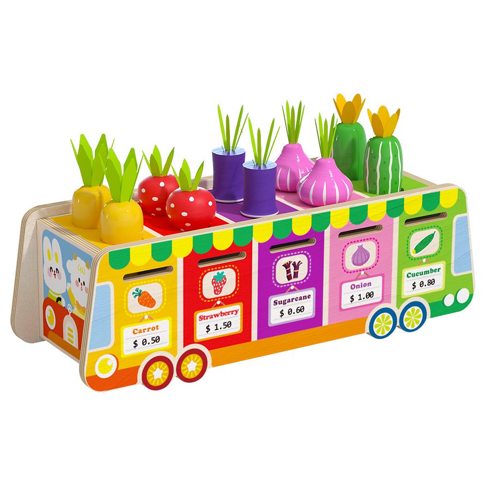 Kids' Educational Fruit & Veggie Vending Cart: Multifunctional Shape & Color Matching Toy with Pull-Along Radishes for Early Learning