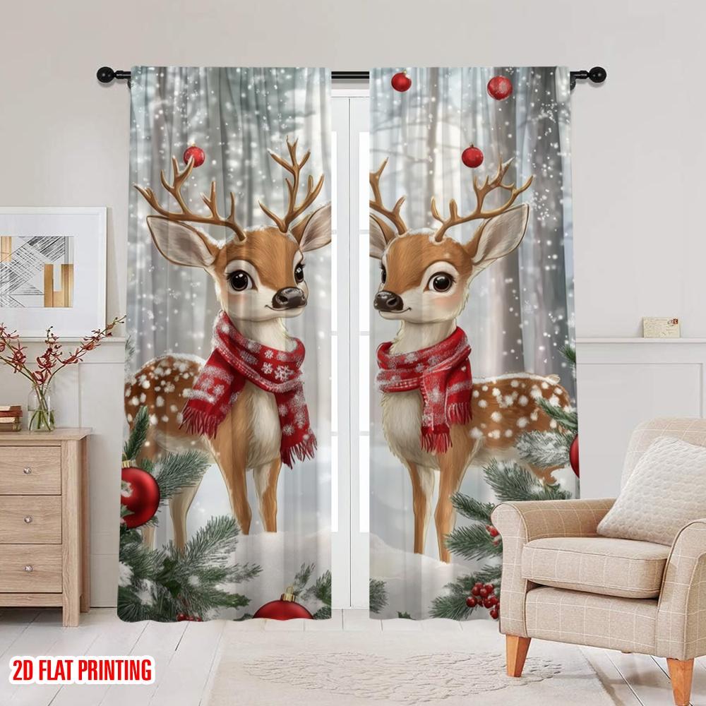2pcs,2D Plane Printing Popular Curtain Panels Reindeer Twins Polyester Fabric (without Rod) Decorations Outdoor Ldeal for Living