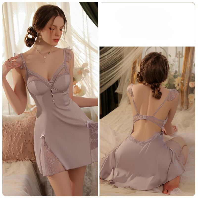 Women’s Sexy Deep V Sleep Dress Lace Sheer Mesh Backless Nightdress with Padded Bra