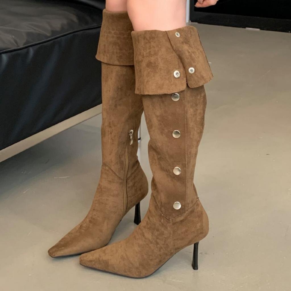 Fashion 2025 New Retro Women's Boots Matte Suede Middle Western Cowboy Boots High Barrel Coarse Heel Knight Boots