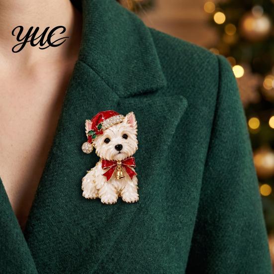 Holiday Party Accessory 1/2Pcs Christmas Yorkshire Terrier Dog Brooch, Santa Hat Puppy Lapel Pin with Rhinestones Rhinestones, Animal Badge for Coats