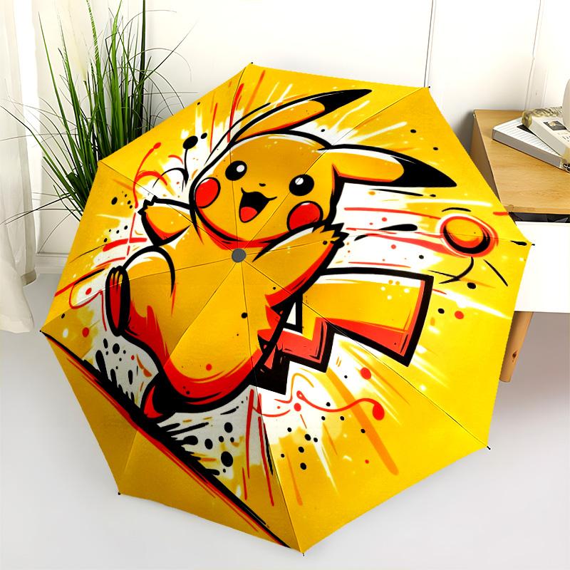 Happy Pikachu Pattern, Automatic Folding Umbrella, Portable and Foldable Design, 8 Ribs, a Christmas or Birthday Gift.