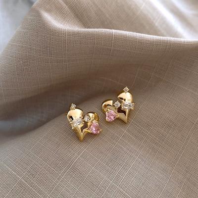 Pink Diamond Love Stud Earrings Women's Light Luxury Niche Design Sense Inlaid Zircon Heart Earrings