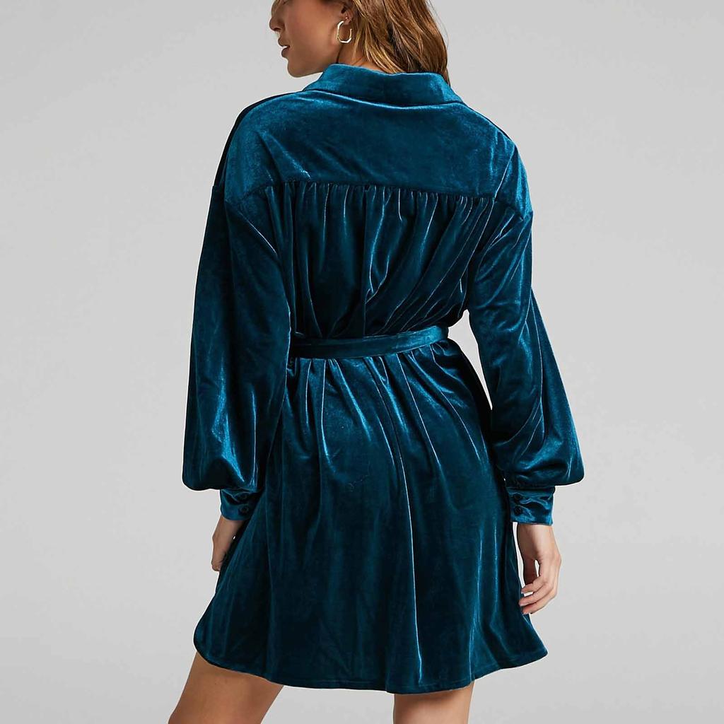 Women's Fashion Long Sleeve Color Pocket Canary Velvet Dress