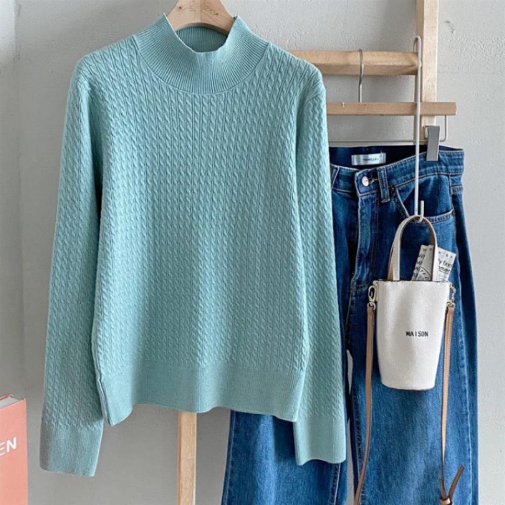 New Arrivals Open Run Women Loose Fit Long Sleeve Knit Mock Neck Cable Knit