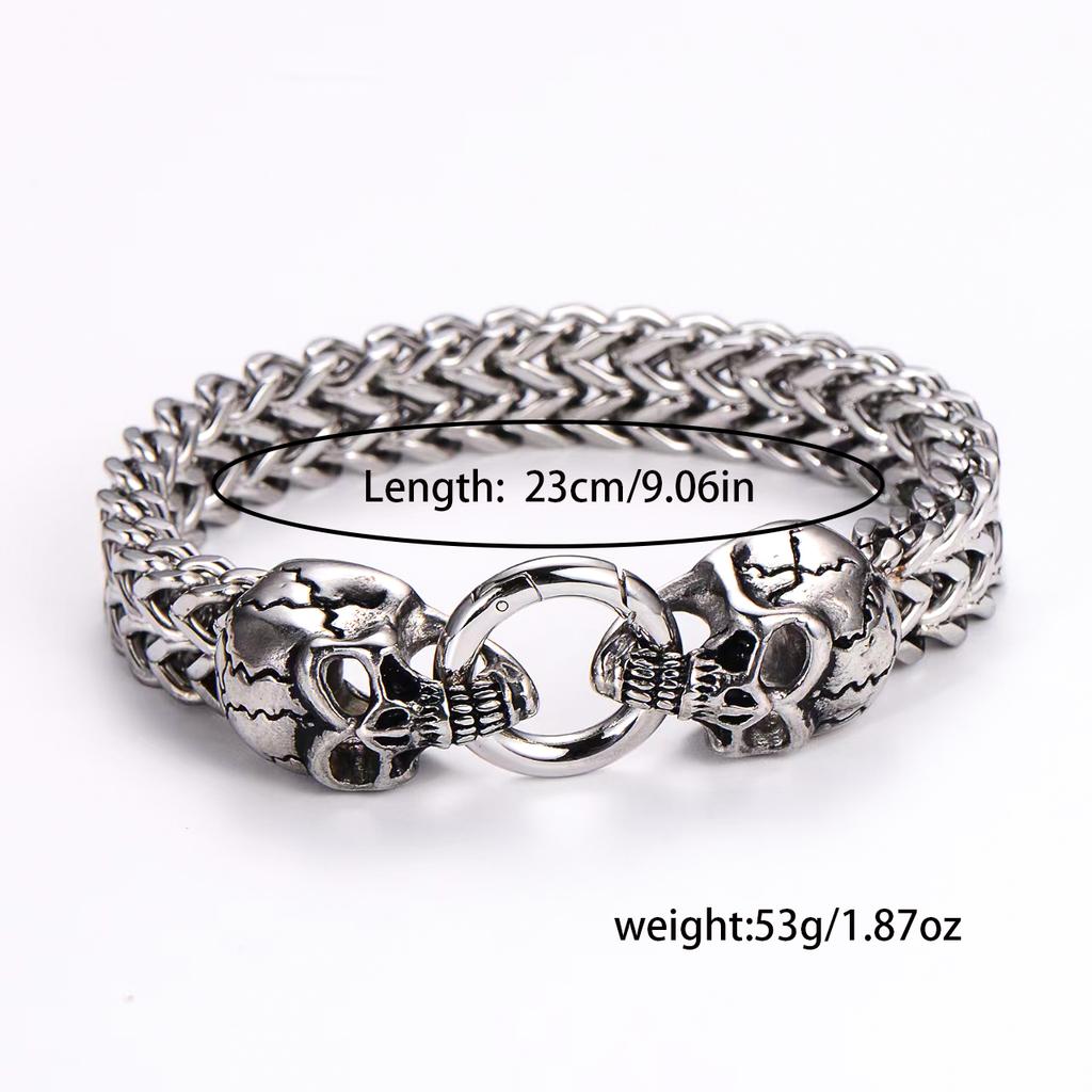 1 men's retro domineering and fashionable double skull men's bracelet with buckle - men's Gothic Cuban chain, fashionable style