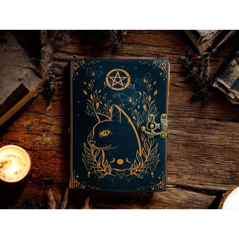 Grimoire Celtic Cat Book of shadow -Leather Journal- Blank Spell book - Witch Wiccan Notebook Journal for Women Christmas Gifts
