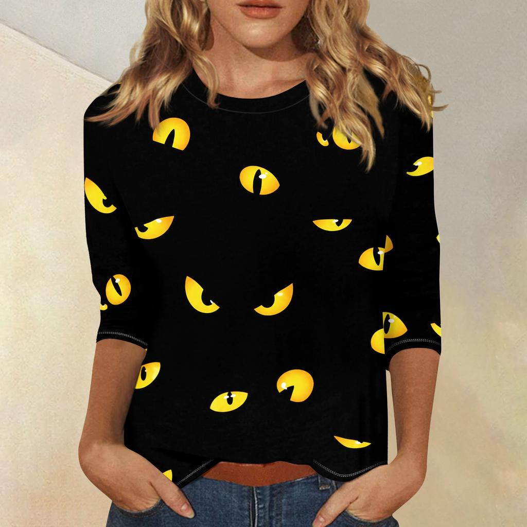 Women's Casual 3/4 Sleeve Halloween Print Round Neck Top Lightweight Comfortable Fit Seasonal Graphic Shirt