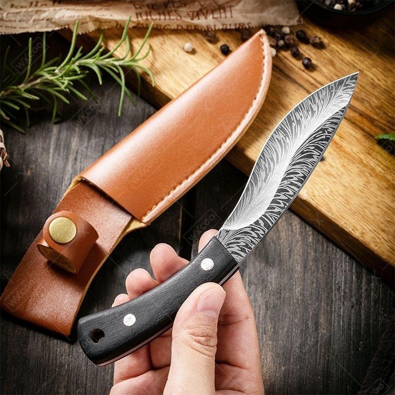 Stainless Steel Meat Cleaver Hand Forged Feather Pattern Boning Knife Multi Steak Kitchen Knife Fruit Peeler BBQ Cooking Tools