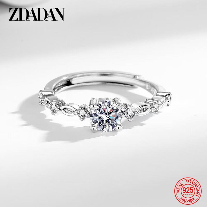ZDADAN 925 Sterling Silver Simple 5mm Zircon Adjustable Ring for Women Fashion Jewelry