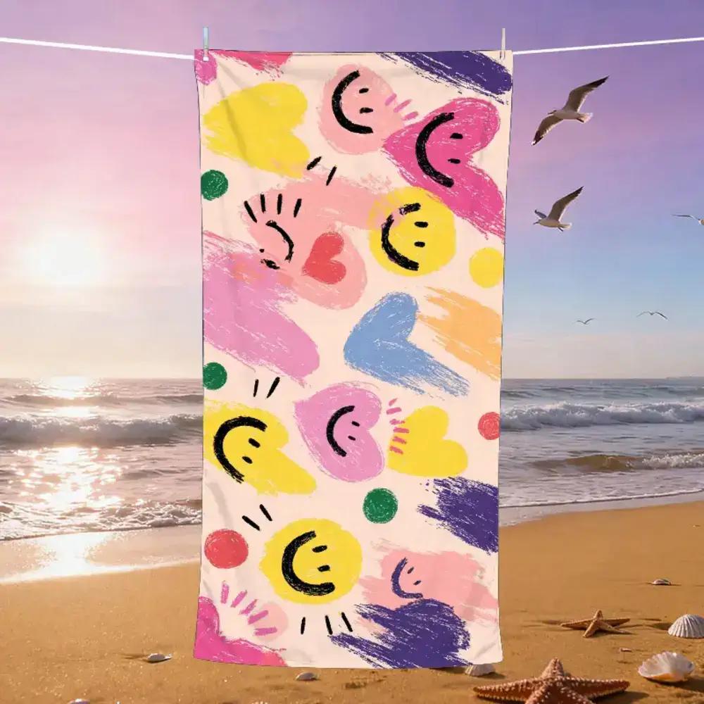 1pc of Mindful Painting Experience Theme Beach Towel, Smile Day Beach Towel, Soft, Absorbent, Quick-drying, Source of Happiness