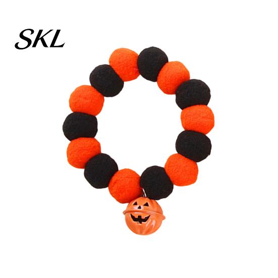 Stretchy Pet Collar Halloween Pom-Pom Collar, Cute Stretch Cat with Pumpkin Festive Bell, Soft Black Orange Pom-Poms for Cats Small Dogs Plush Pom-pom