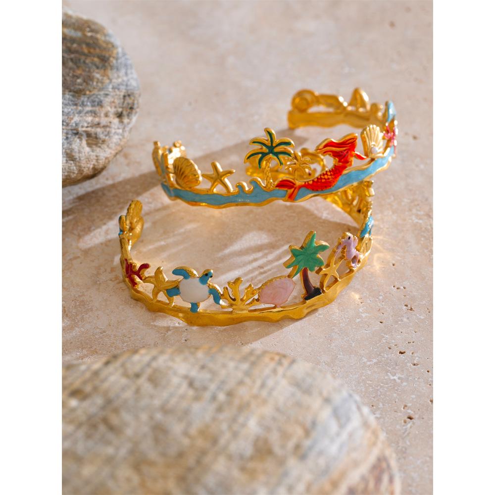 Eetit Offener Ozean Stil Buntes Emaille Kokosnussschale Delfin Armreif Armspange Golden Edelstahl Sommer Stilvoller Schmuck
