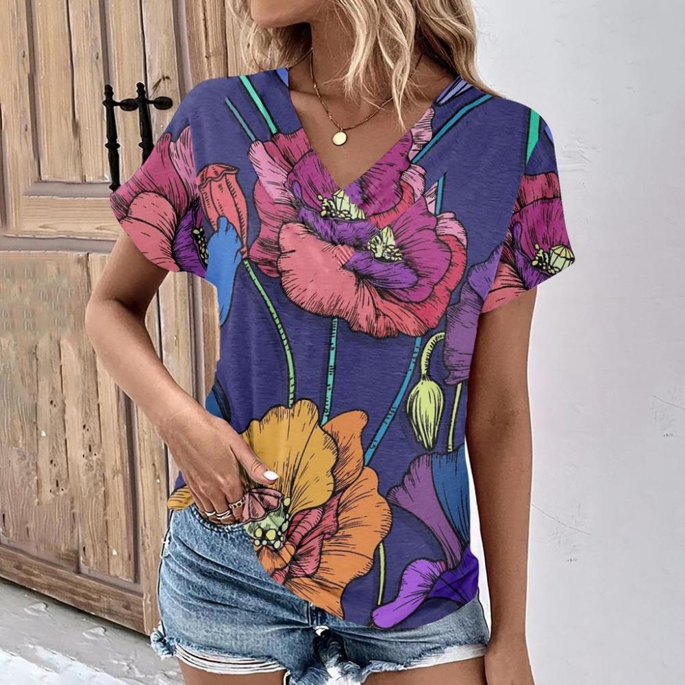 Women's Fashion T-shirts, V-neck Tops, Floral Print T-shirt, Women's Short Sleeve Top, Casual T-shirts, Summer Oversized Clothes