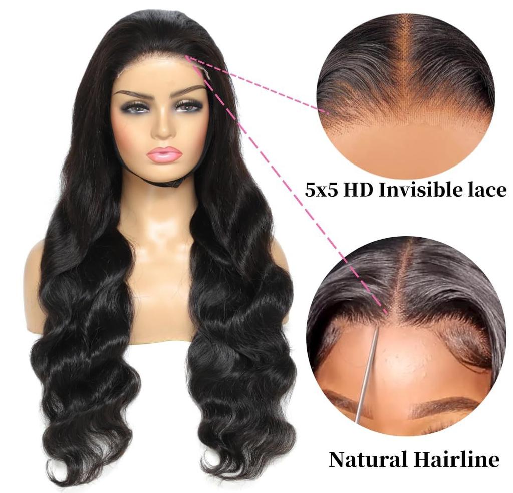 Women's front lace chemical fiber headgear black medium-parted long straight hair large waves ready-made wig