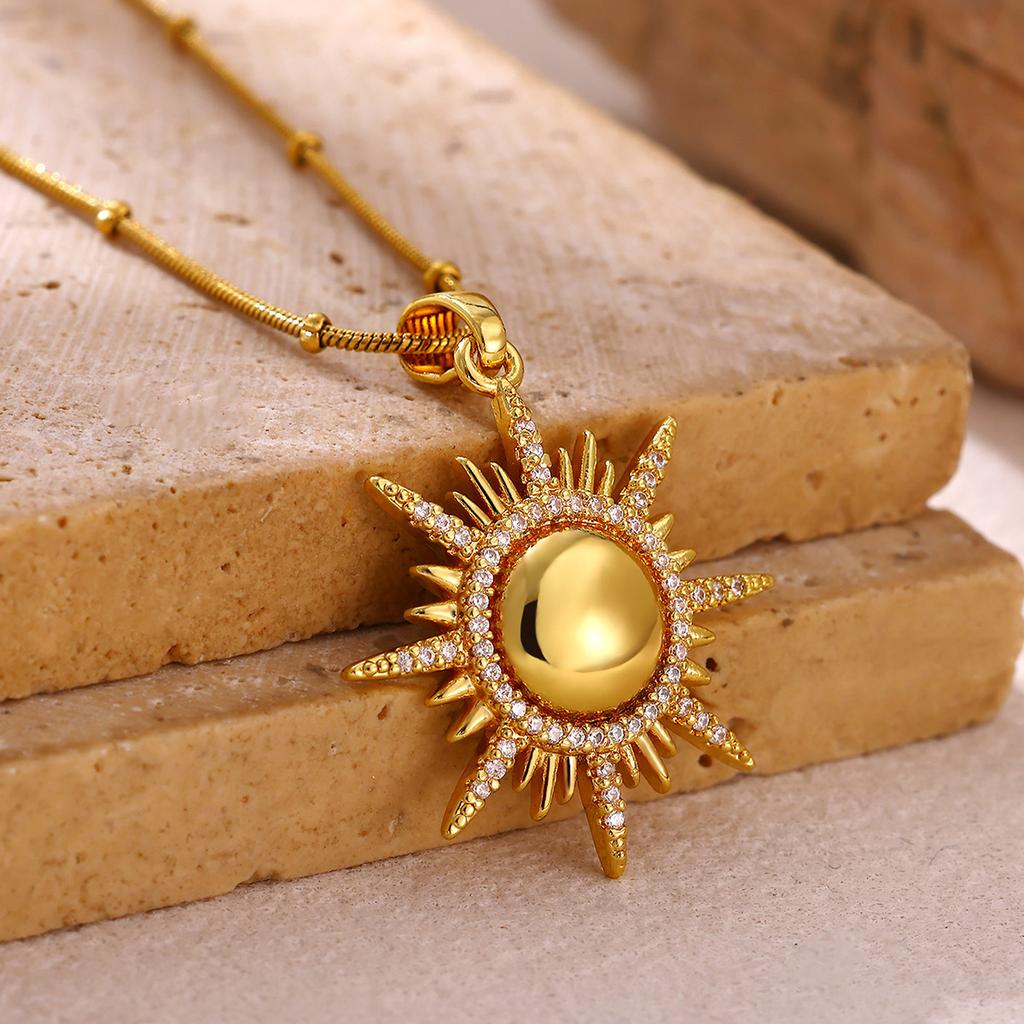 Gold Color Sunburst Cubic Zirconia Pendant Necklace Shiny Sun Charm Chain For Women Bohemian Jewelry Vintage 2026 Her Gift