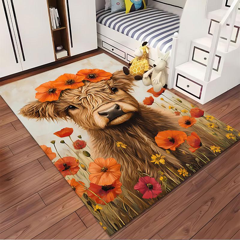 Highland Cow with Flower Crown suitable as a non-slip mat for the living room or bedroom sofa