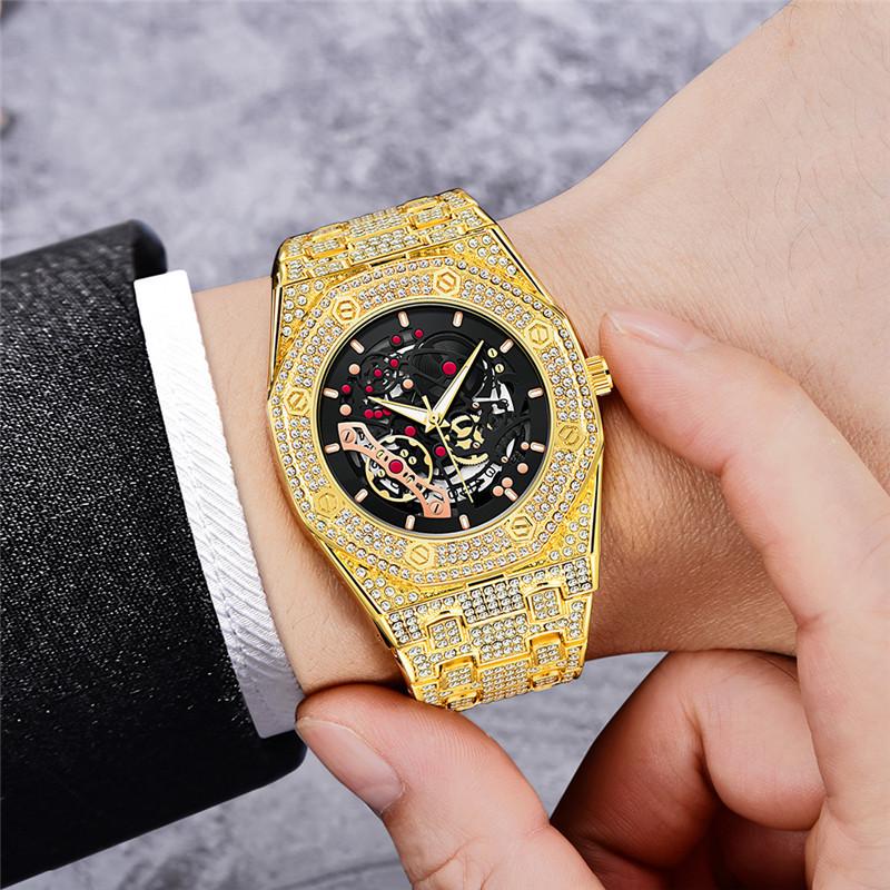 Men's Hip Hop Quartz Watch with Diamond-Set Alloy Band, Trendy and Cool with Calendar Feature.