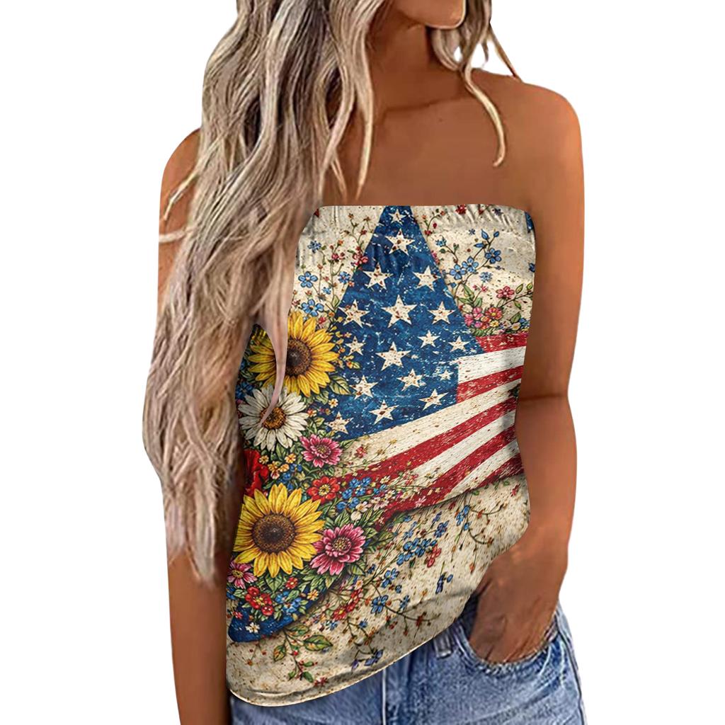 Women's Summer Sexy Strapless Off-Shoulder Elastic Band Design Independence Day Print Top