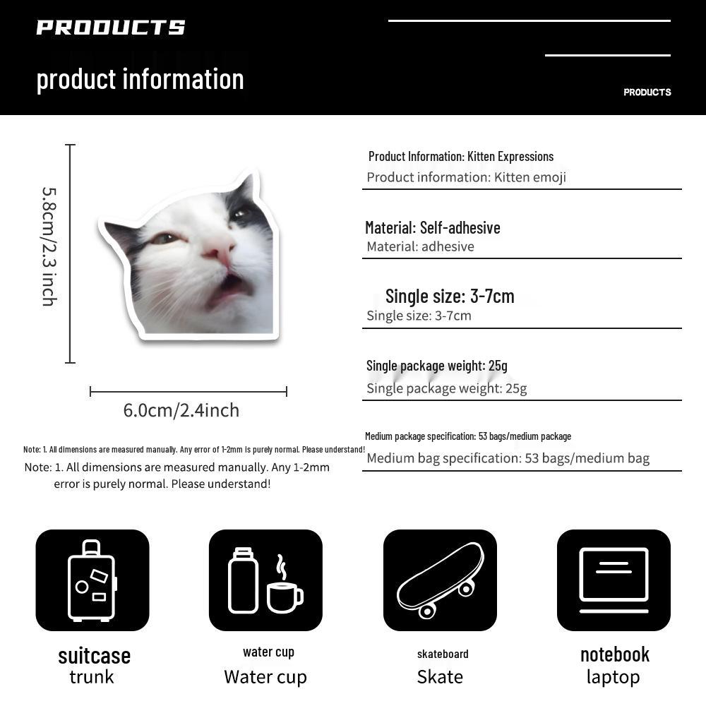 53 Sheets of Cute Cartoon Kitten Expression Stickers for Phone Cases, Planners, and Notebooks