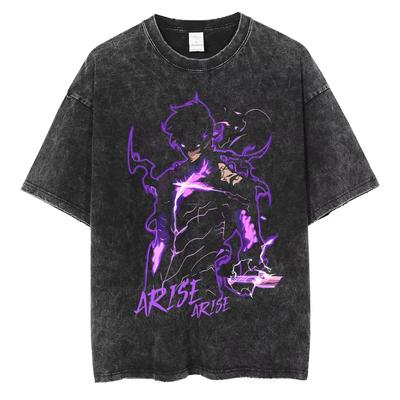 Anime Solo Leveling Sung Jin Woo Printed Washed T-shirt Men Casual Cotton TShirts Manga Vintage T Shirt Tops