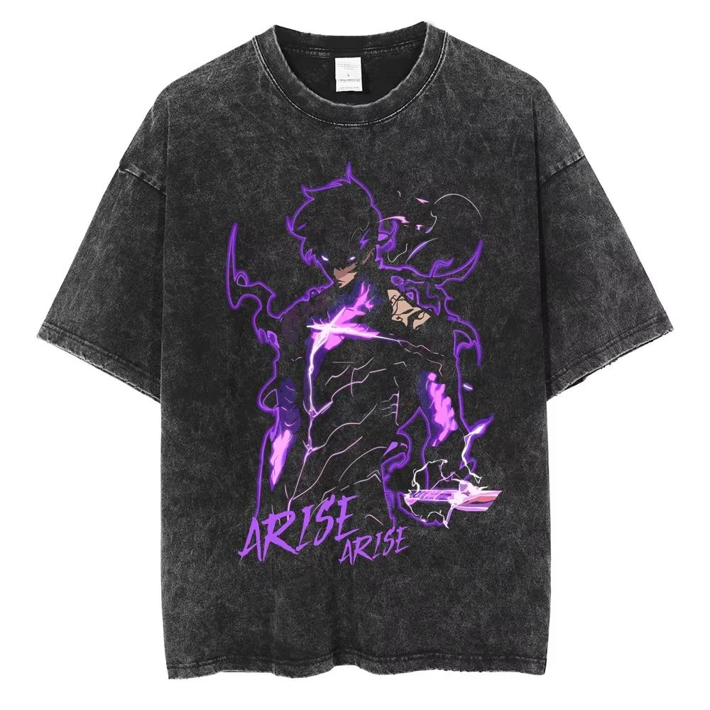 Anime Solo Leveling Sung Jin Woo Printed Washed T-shirt Men Casual Cotton TShirts Manga Vintage T Shirt  Tops