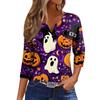 Damen V-Ausschnitt Knopf Halloween Dreiviertelarm T-Shirt Top