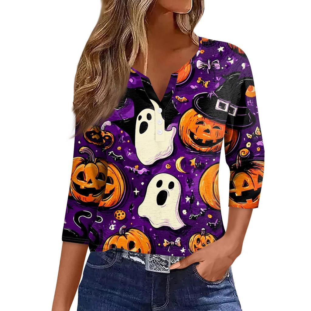 Damen V-Ausschnitt Knopf Halloween Dreiviertelarm T-Shirt Top