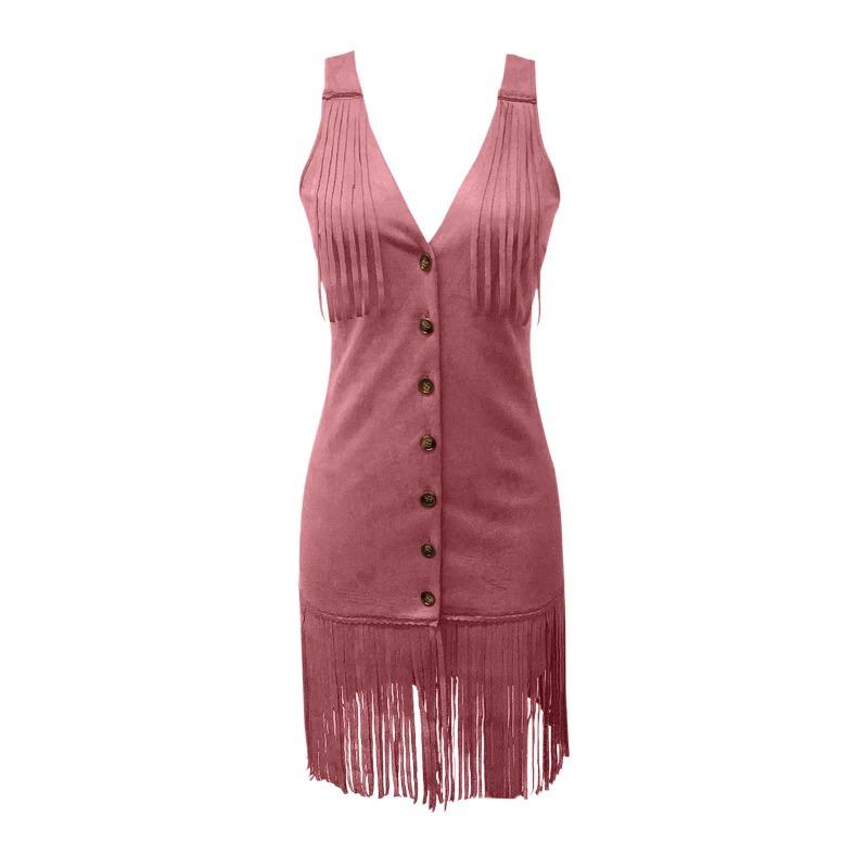 Deep V-strap Sexy Tassel Dress Fashion Summer Sleeveless Party Slim Fit Short Dress Streetwear Elegant Buttons Solid Color Casual Clothing