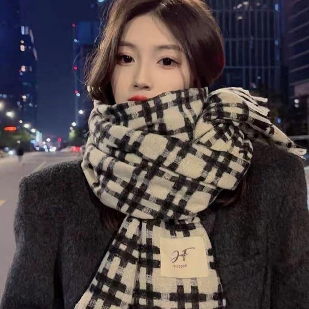 Korean Style Plaid Mohair Scarf - Women's Winter Imitation Cashmere Shawl