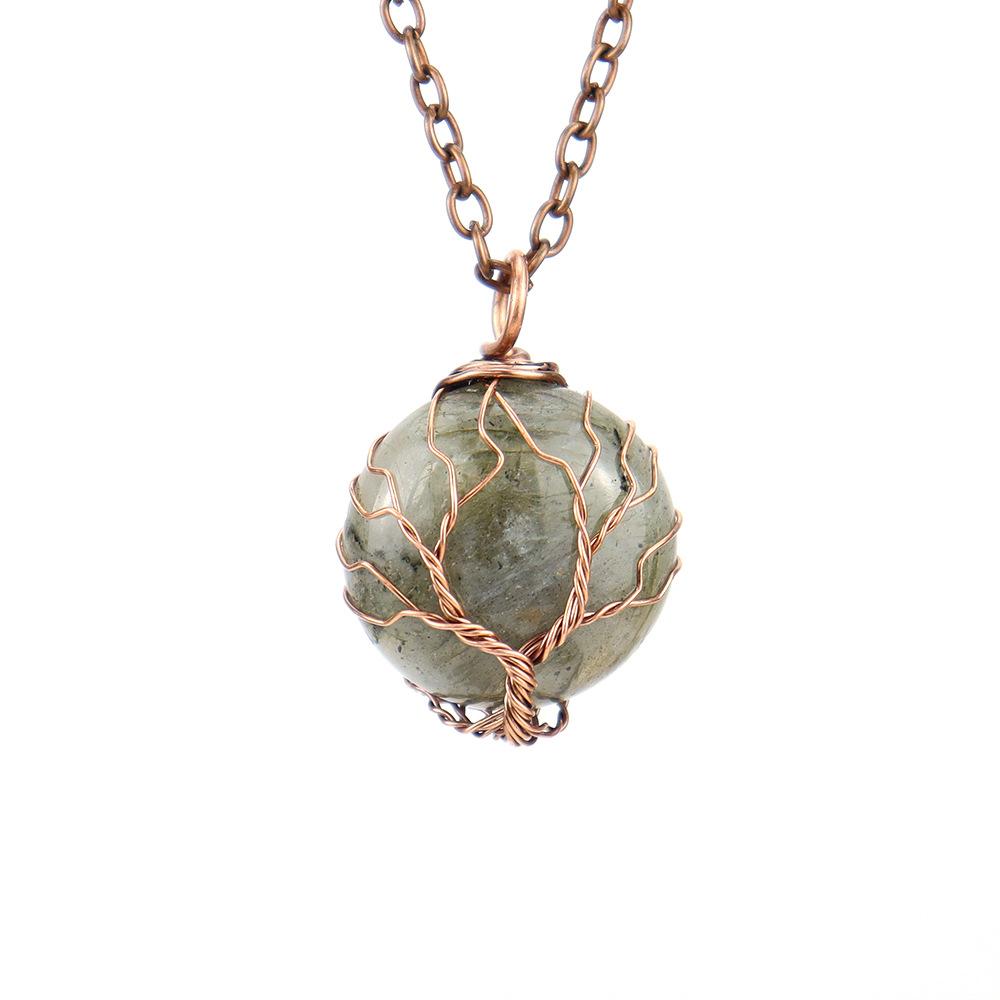 Natural Crystal Rough Stone Amethyst Round Winding Tree Of Life Pendant Necklace N647