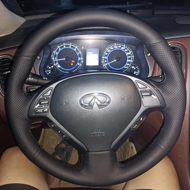 

для Infiniti G25 G35 G37 X30 EX35 EX37 Q40 Q60 QX50 2008-2018 Ручна прошивка Чорна Шкіра Вуглепластик Автомобільний Кермовий Колесо Покриття 3