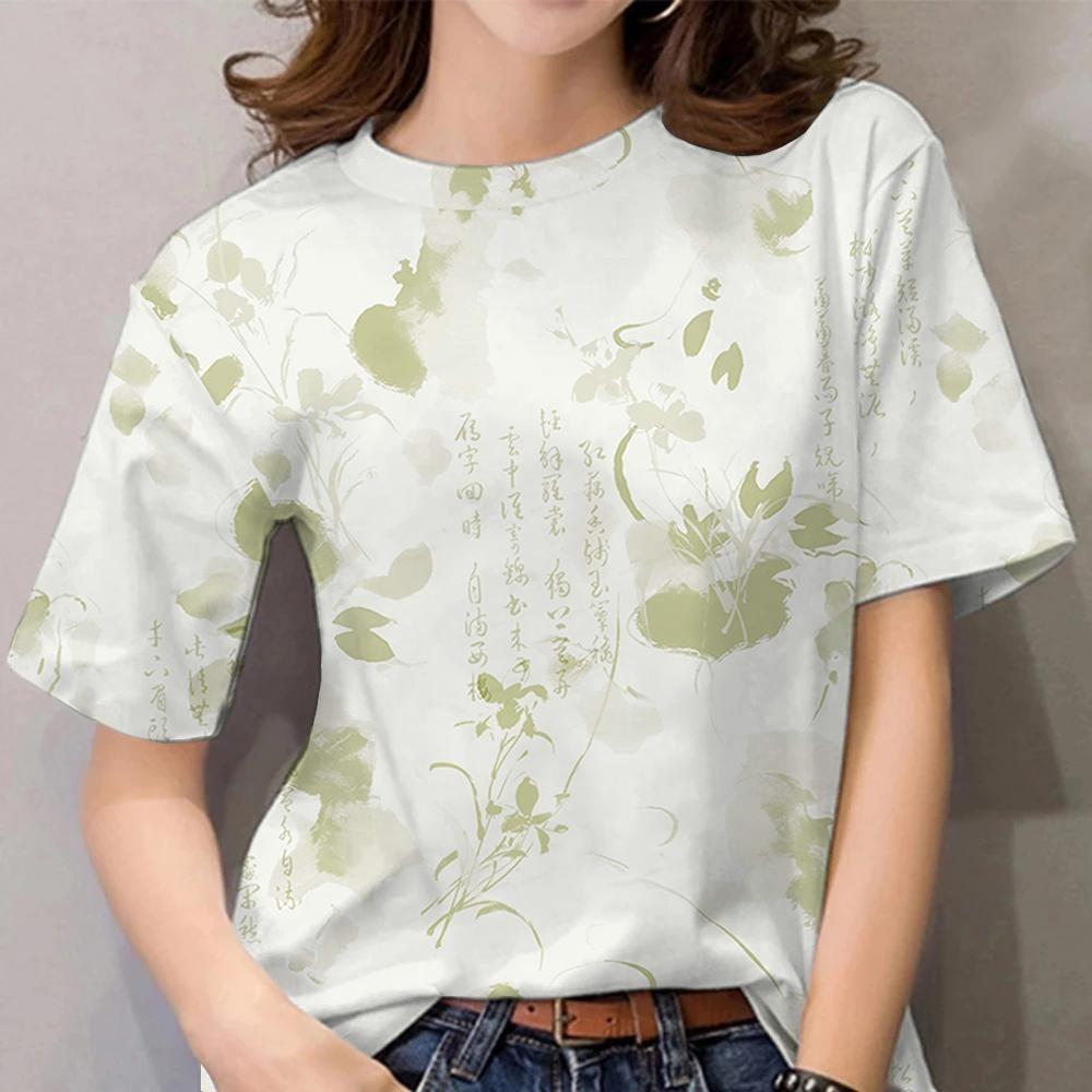 Summer floral 3D print round neck top, women's casual short-sleeved T-shirt, loose plus size elegant T-shirt.