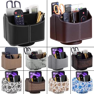 360 Degree Leather  Remote Control Phone And Tv Holder Desk Storage Box Cosmetics Brush Storage Holder Makeup Organizer