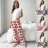European and American Style Women’s Heart Print Pajama Set Ruffle Sleeve Top and Long Pants Casual Comfortable Loungewear Suitable for Outdoor Wear