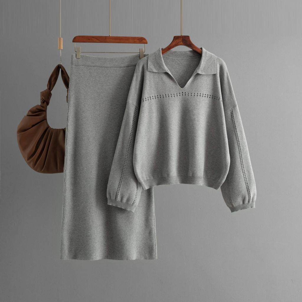 HNXC Autumn and Winter Knitted POLO Collar Simple Skeletonized Solid Color Loose Long Dress Set