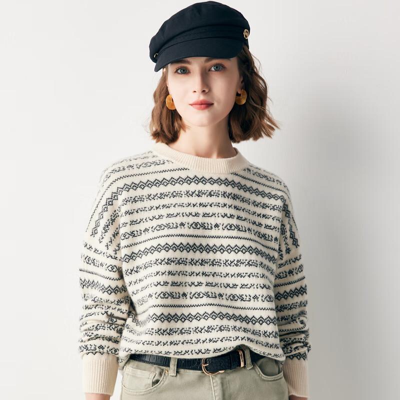 Paro Women's 100% Cashmere Jacquard Striped Round Neck Sweater