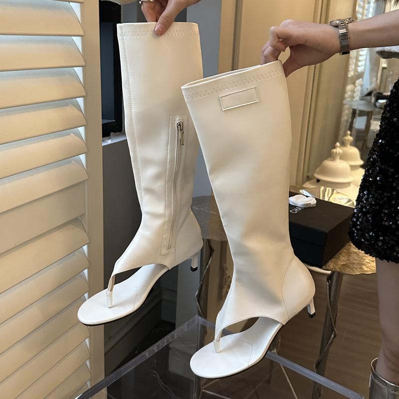 Fashion Eilyken Designer Clip Toe Low Heels Knee High Boot Sandals Woman Fashion Zipper Banquet Summer Shoes Flip Flops Botas Mujer