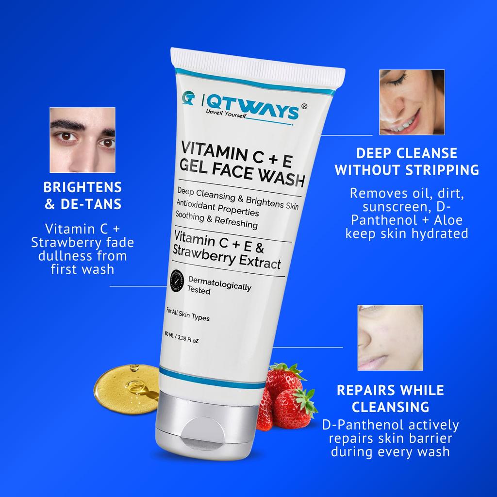QTWAYS Vitamin C + E Gel Face Wash with Strawberry Extract & D-Panthenol (Pack of 1) -100ml | Brightening Face Cleanser | No Menthol, No SLS, No Dy