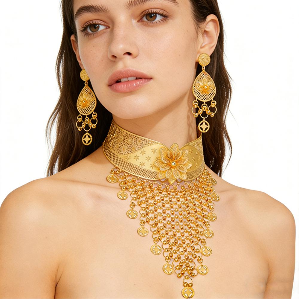 Gold-Plated Geometric Tassel Necklace & Earring Set: Middle Eastern-Inspired Wedding Accessories